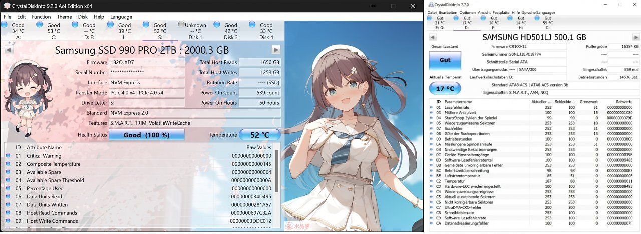 [19/09/2025] Die von der SMART-Technologie zur Überwachung der Festplatte erstellten Daten lassen sich mit dem Gratis-Tool CrystalDiskInfo (links: Aoi Edition, rechts reguläre Version) auslesen. Zusätzlich zeigt die Software die Arbeitsstunden, Schnittstellen, die Temperatur und die Firmware der Festplatte an.