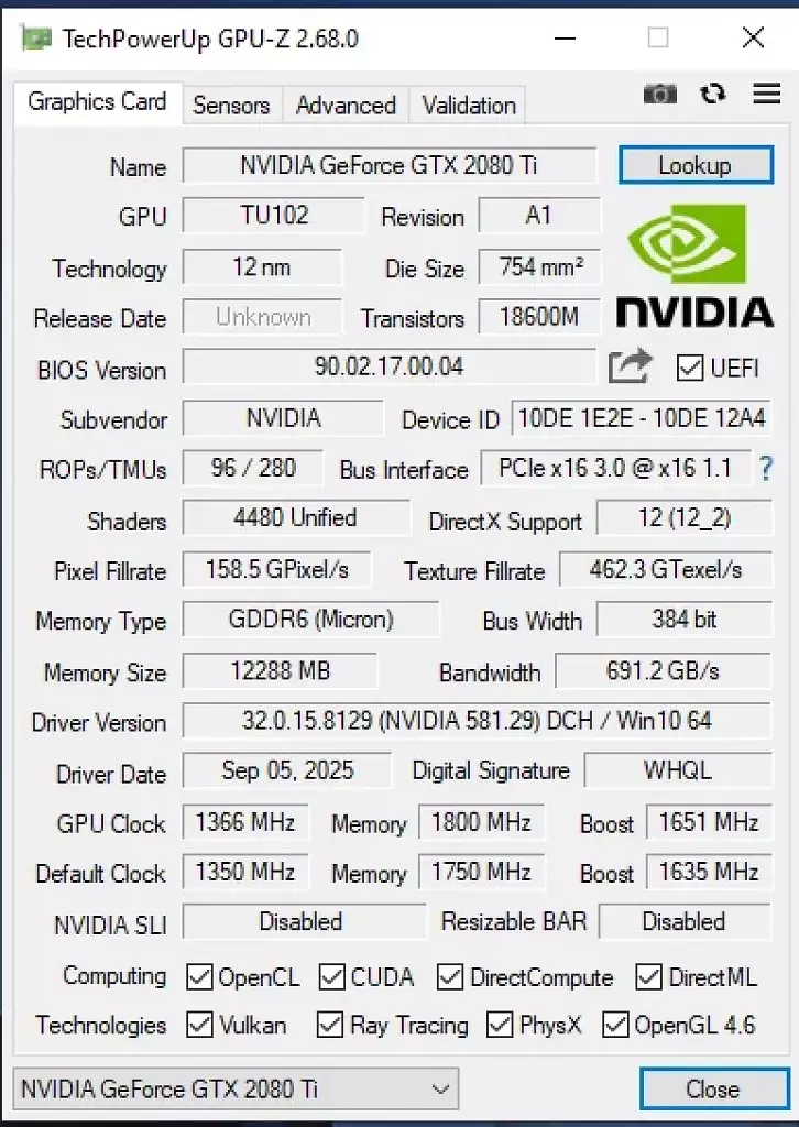 [16/09/2025] GPU-Z-Screenshot der Geforce GTX 2080 Ti.