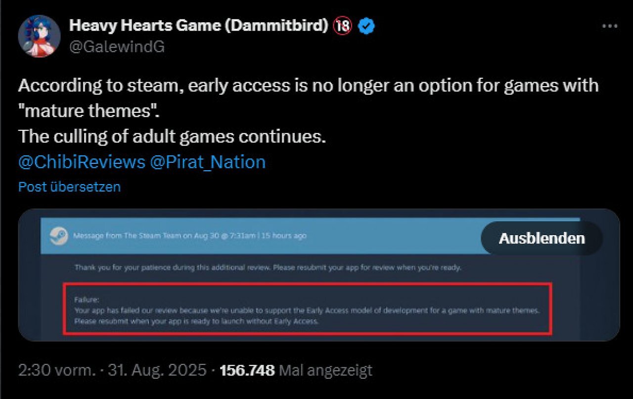 [18/09/2025] Steam blockiert offenbar Early Access für Erwachseneninhalte.