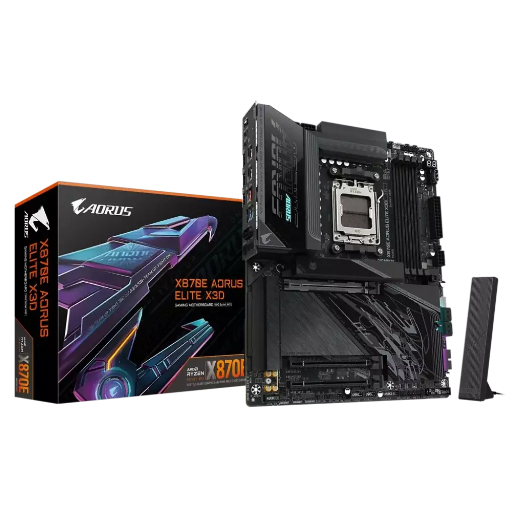 [12/09/2025] Hier ist das Gigabyte X870E Aorus Elite X3D mit Verpackungskarton abgebildet.