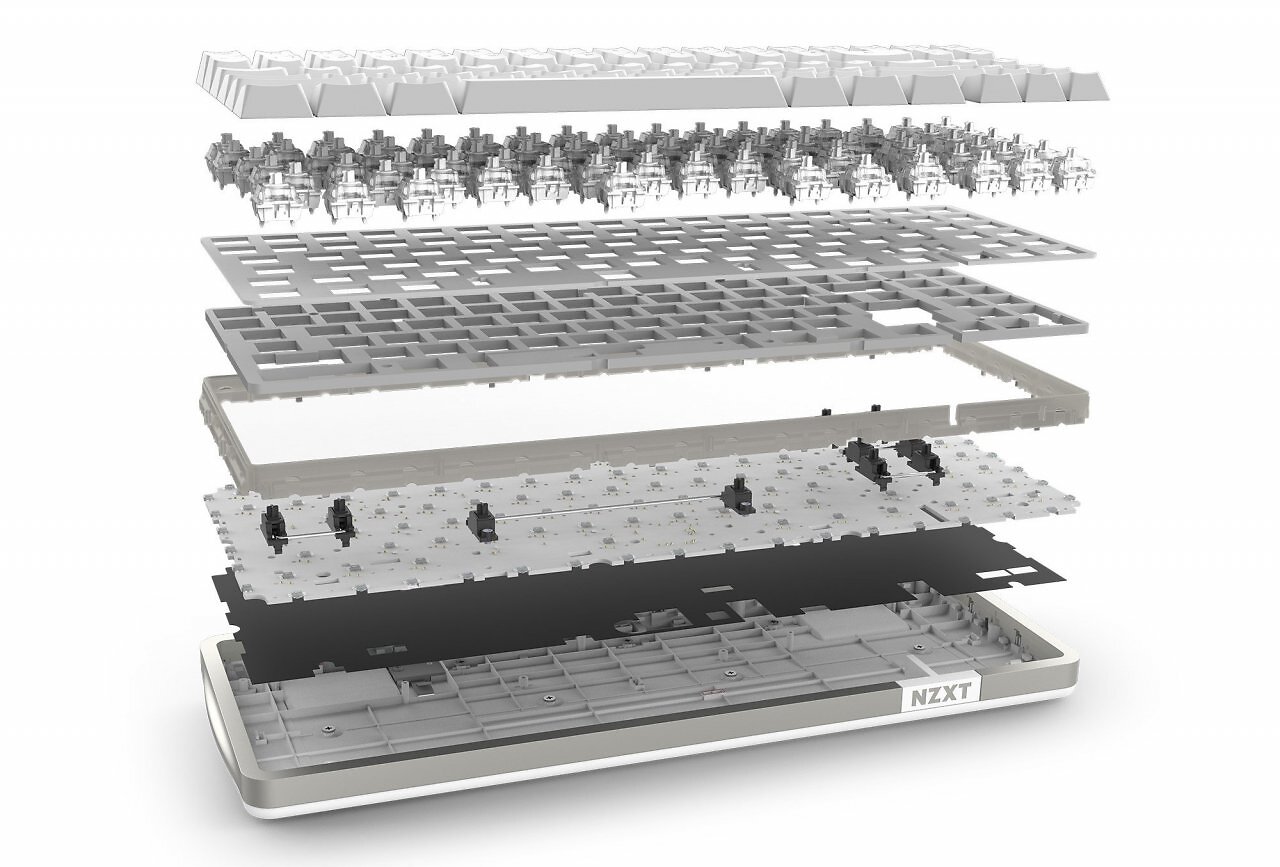 [27/10/2025] Das Gasket-Mount-System der NZXT Function Elite MiniTKL besteht aus Gummidichtungen zwischen der mit Klebeband verstärkten Leiterplatte (PCB) und der Halteplatte für die Schalter.