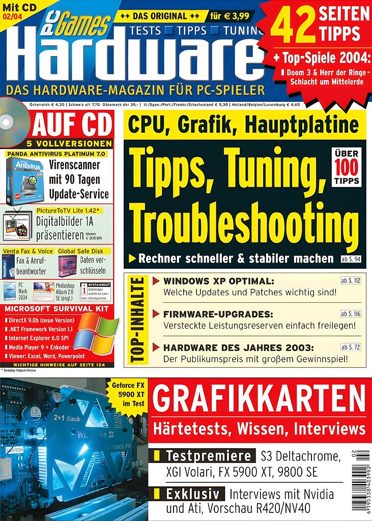 PC Games Hardware, Ausgabe 02/2004: Tipps, Tuning und Troubleshooting &ndash; praxisorientiert und vollgepackt mit Grafikkarten-Tests.