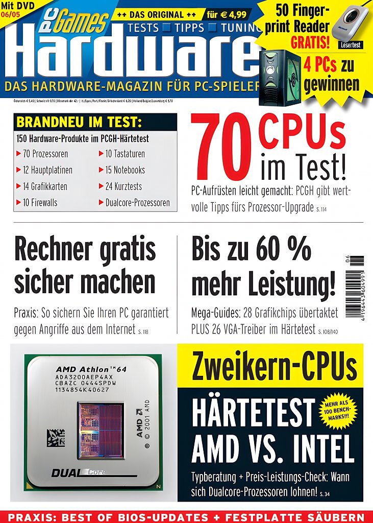 PC Games Hardware, Ausgabe 06/2005: 70 CPUs im Test &ndash; die gro&szlig;e Vergleichsschlacht zwischen AMD und Intel pr&auml;gte das Hardware-Jahr.