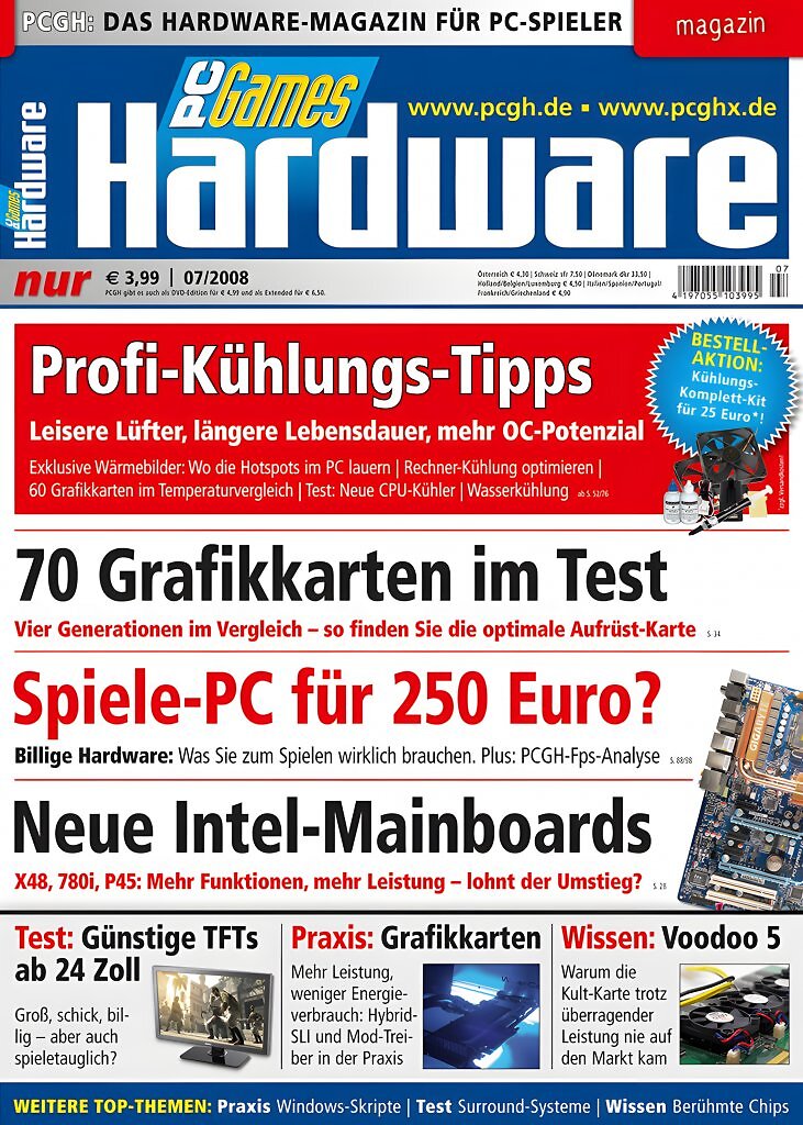 PC Games Hardware, Ausgabe 07/2008: 70 Grafikkarten im Test &ndash; vom 250-Euro-Spiele-PC bis zu neuen Intel-Mainboards und K&uuml;hlungstipps.