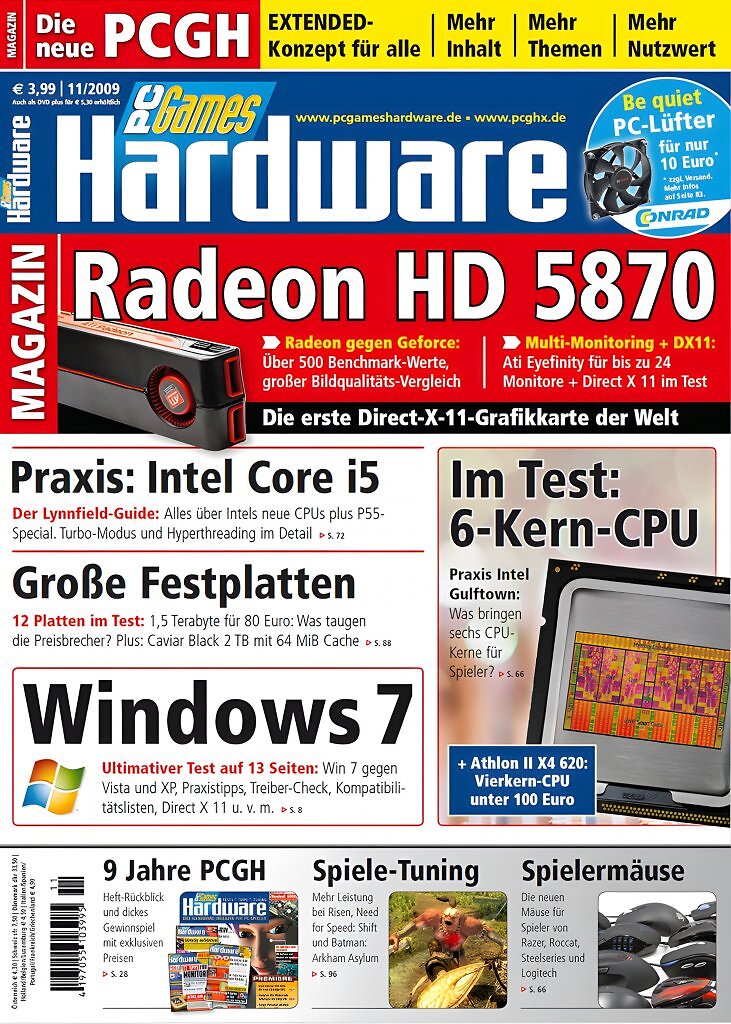 PC Games Hardware, Ausgabe 11/2009: Radeon HD 5870 im Test &ndash; neue Grafikkartengeneration, erste 6-Kern-CPUs und der Start von Windows 7.