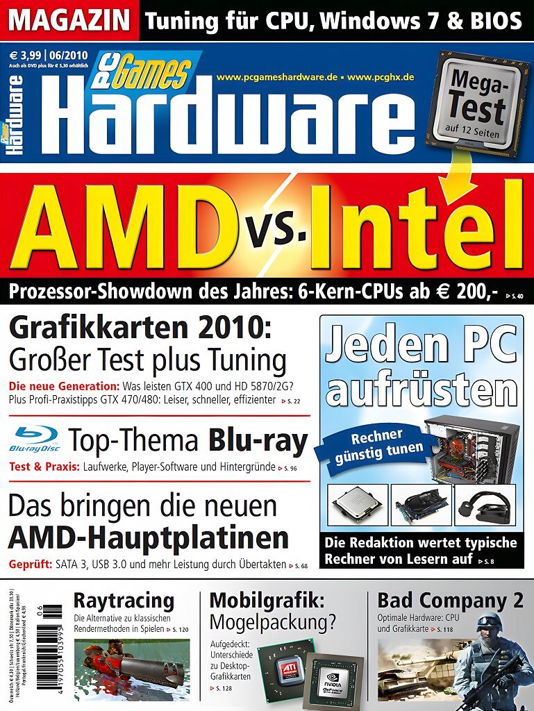 PC Games Hardware, Ausgabe 06/2010: AMD vs. Intel &ndash; das Duell um Leistung und Effizienz pr&auml;gte die Hardware-Debatte des Jahres.