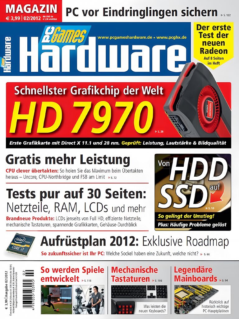 PC Games Hardware, Ausgabe 02/2012: Radeon HD 7970 setzt neue Ma&szlig;st&auml;be &ndash; AMD startet die 28-nm-&Auml;ra, SSDs holen auf und die Hardware-Welt r&uuml;stet f&uuml;r 2012 auf.