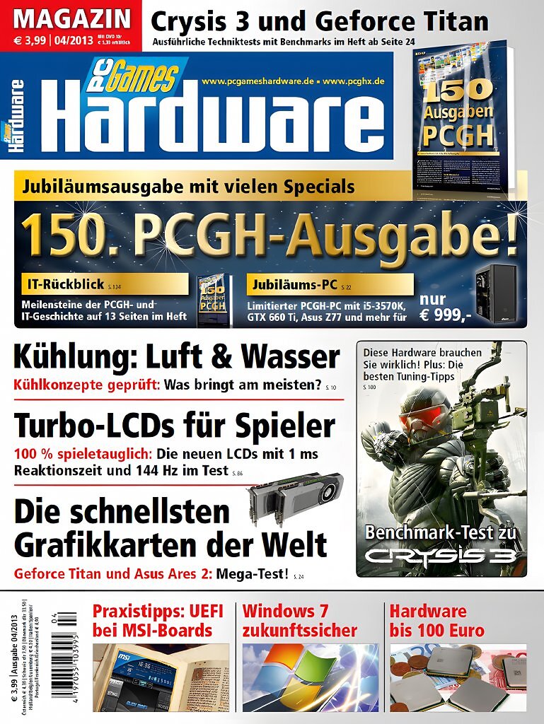 Die 150. Ausgabe von PC Games Hardware im Jahr 2013: Mit Haswell, GTX Titan und Crysis 3 im Fokus feierte das Magazin ein Jubil&auml;um voller Technik-Meilensteine und R&uuml;ckblicke auf 13 Jahre Hardware-Geschichte.
