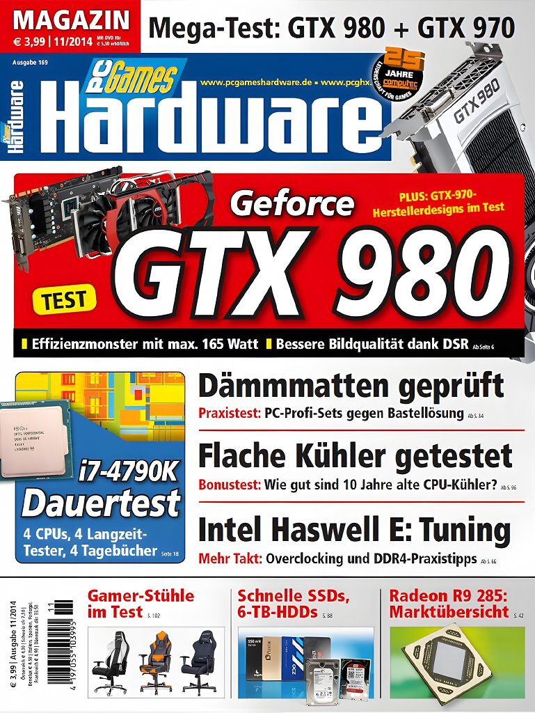 PC Games Hardware, Ausgabe 11/2014: Nvidia l&auml;utet mit der Geforce GTX 980 eine neue Effizienz-&Auml;ra ein &ndash; Maxwell-Architektur, Silent-PCs und Gaming auf h&ouml;chstem Niveau.