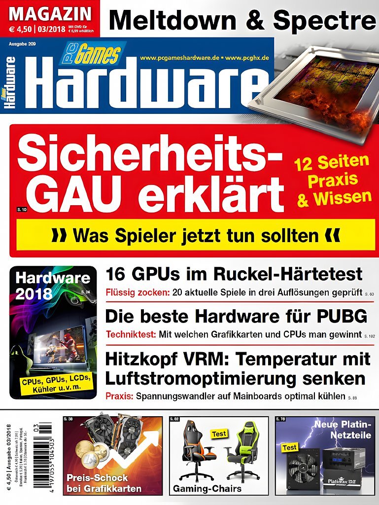 PC Games Hardware, Ausgabe 03/2018: Meltdown und Spectre ersch&uuml;ttern die CPU-Welt &ndash; Sicherheitsl&uuml;cken, Hardware-Updates und Benchmarks im Krisenjahr der Prozessoren.