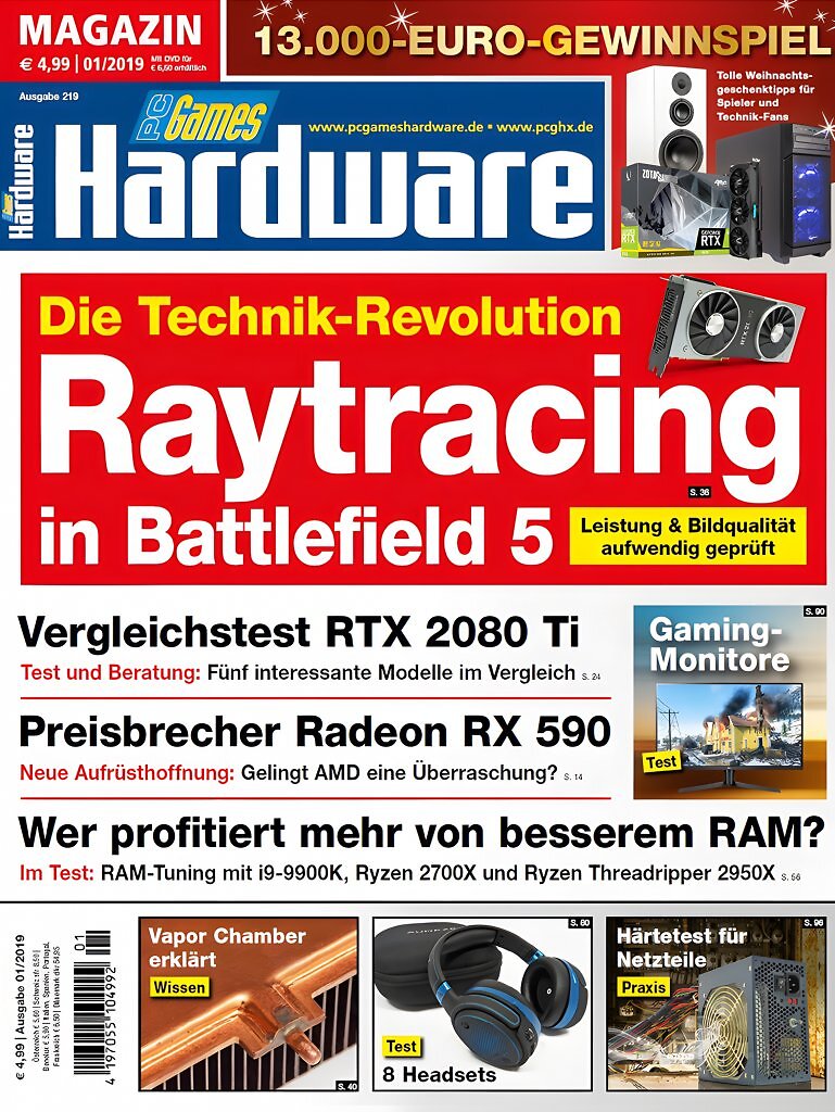 PC Games Hardware 2019: Raytracing in Battlefield 5, RTX 2080 Ti und Radeon RX 590 &ndash; die Ausgabe markierte den Start einer neuen Grafik-&Auml;ra und zeigte, wie Echtzeitbeleuchtung den Spielemarkt ver&auml;nderte.