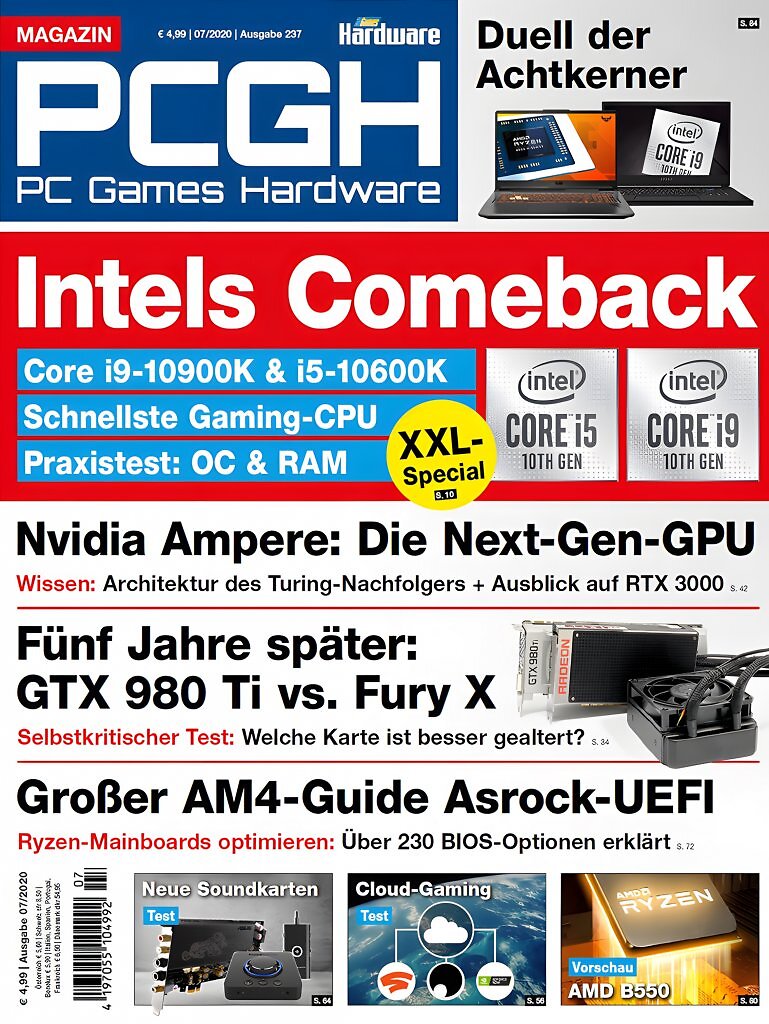 PC Games Hardware, Ausgabe 07/2020: Intels Comeback mit neuen Comet-Lake-CPUs &ndash; Ampere-GPUs von Nvidia, gro&szlig;e Hardware-Guides und R&uuml;ckblick auf f&uuml;nf Jahre Grafikkarten-Duell.