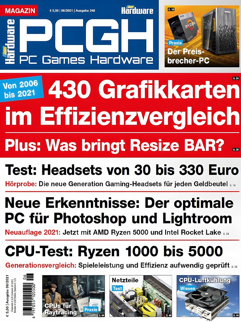 PC Games Hardware, Ausgabe 06/2021: 430 Grafikkarten im Effizienzvergleich &ndash; Headsets im Test, optimale PC-Konfigurationen f&uuml;r Kreative und gro&szlig;e CPU-Analyse von Ryzen 1000 bis 5000.