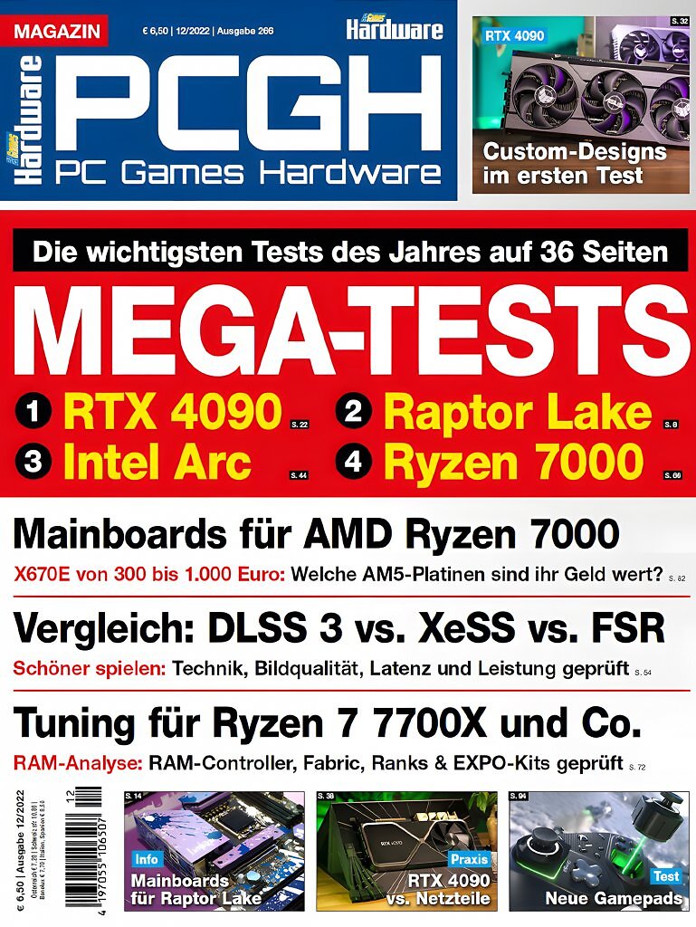 PC Games Hardware, Ausgabe 12/2022: Mega-Tests mit RTX 4090, Raptor Lake und Ryzen 7000 &ndash; neue Plattformen, Speichervergleiche und Tuning-Tipps f&uuml;r Enthusiasten.