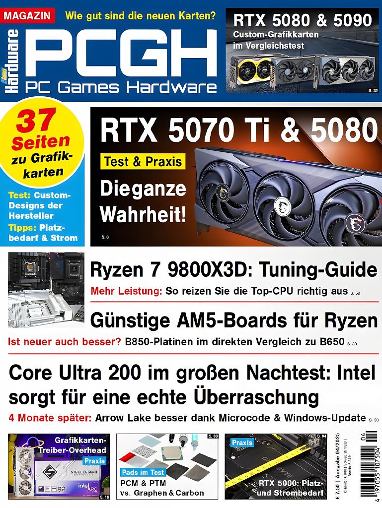 PC Games Hardware, Ausgabe 04/2025: RTX 5070 Ti und 5080 im Test &ndash; neue Grafikkarten, Ryzen- und Core-Ultra-Tuning sowie aktuelle AM5-Boards im Leistungscheck.