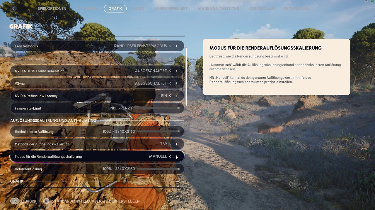 [24/10/2025] DLSS Quality zeigt Schmieren bei Rollbusch, wirkt gleichzeitig überschärft - Nach dem Wechsel auf TSR nativ sind diese Problemstellen verschwunden. Die Performance ist mit rund 80 bis 90 Fps dennoch sehr gut. Wir haben den Fps-Counter oben rechts zugeschaltet, um Ihnen einen Eindruck zu übermitteln.