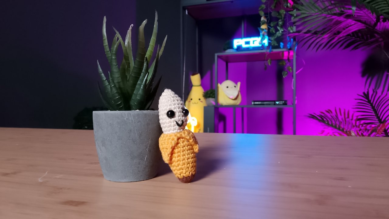 Eine kleine Pflanze und eine Stoffbanane auf einem Holztisch.
