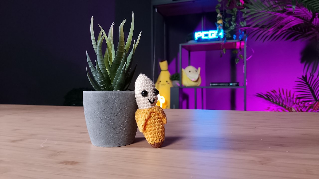 Eine kleine Pflanze und eine Stoffbanane auf einem Holztisch.