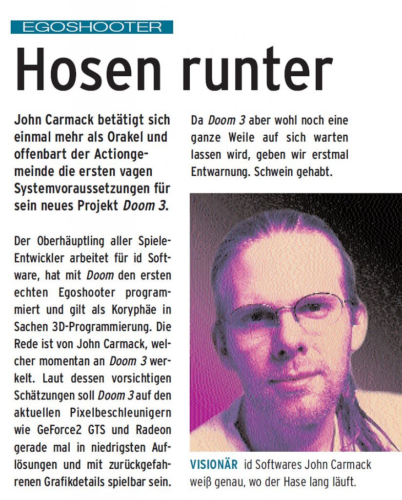 [23/10/2025] Doom 3 im Jahr 2000: John Carmack prophezeit den Sprung in eine neue Grafik-Ära, als aktuelle Karten noch an niedrigen Auflösungen scheiterten.