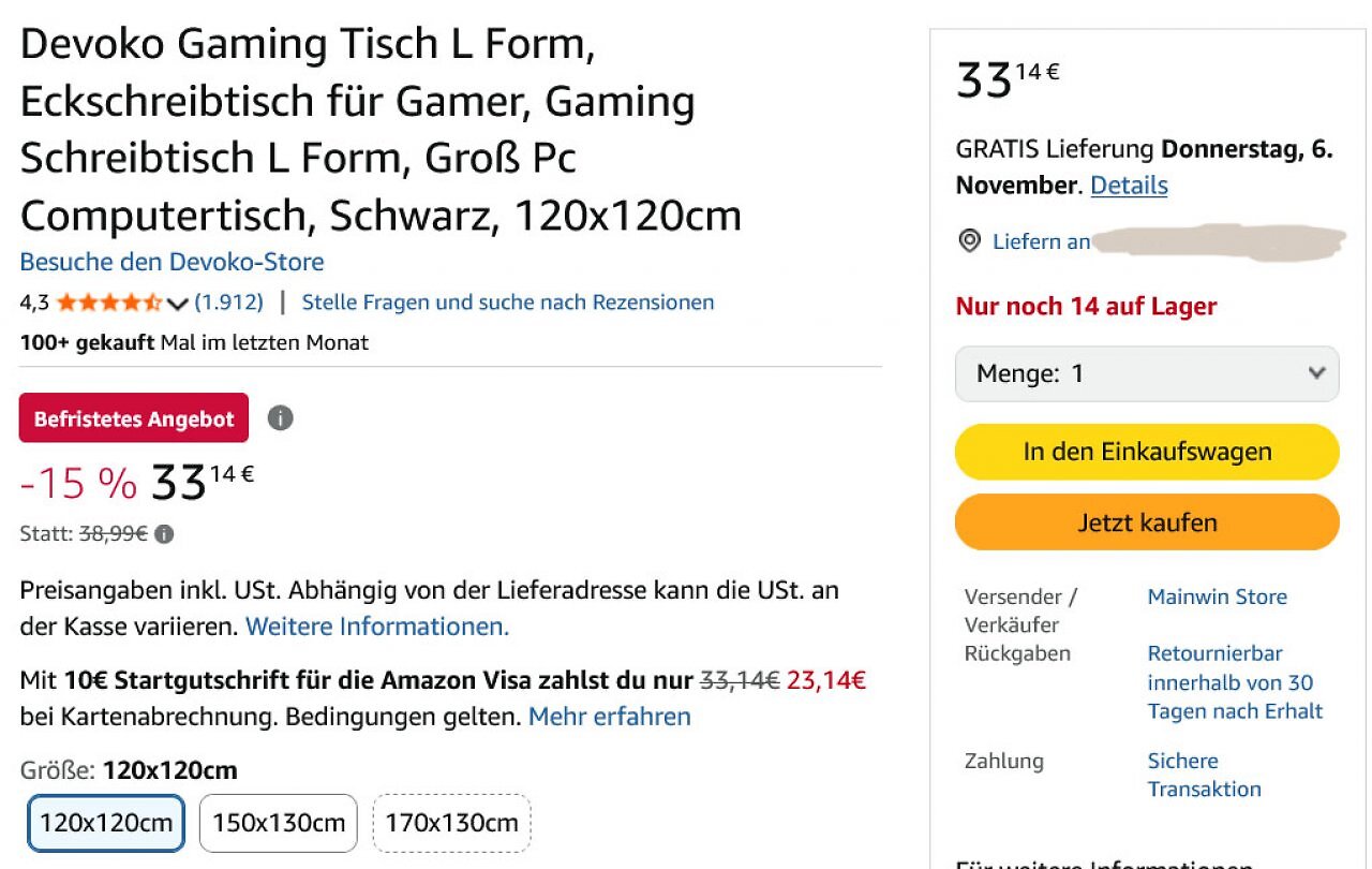 Der Gaming-Tisch in L-Formvon Devoka kostet keine 34 Euro.