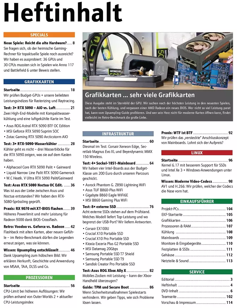 [30/10/2025] In unserem Inhaltsverzeichnis sind wie immer alle größeren Themen und Artikel unseres Hefts übersichtlich aufgelistet. Die Ausgabe Nr. 302 steht im Sternbild der GPU. Wir suchen nach der höchsten Leistung in den neuesten Spielen, nach der besten Kühlung, und verpassen einer AMD Radeon ein neues BIOS. Wer nicht so viel Leistung parat hat, kann vom Upsampling-Guide profitieren. Und wer sein Herz nicht für moderne Karten öffnen kann, findet vielleicht im Retro-Benchmark die große Liebe.