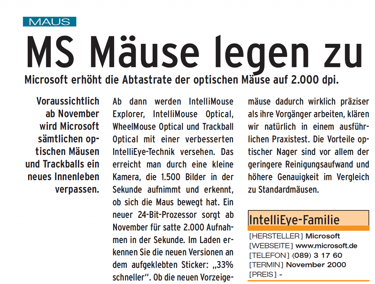 [23/10/2025] 2.000 DPI galten 2000 als High-End. Microsofts neue IntelliMouse warb mit 