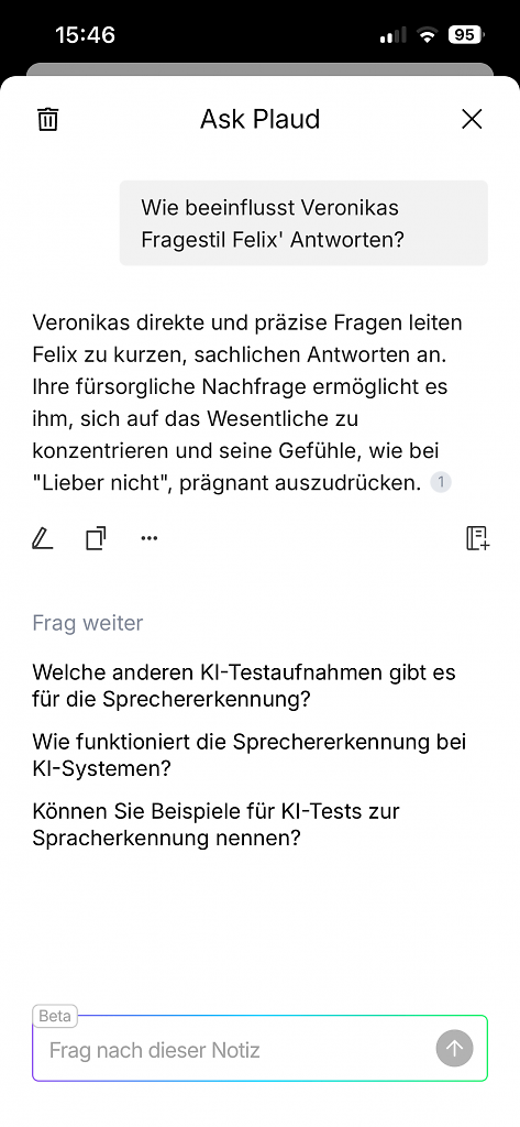 [20/10/2025] Das Aufgenommene wird eingehend analysiert, zudem werden mögliche Fragen an die KI vorgeschlagen.