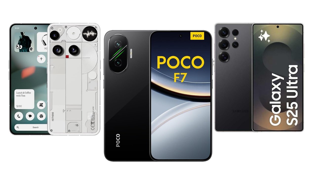 Drei Smartphones von Samsung, Xiaomi und Nothing vor weißem Hintergrund.