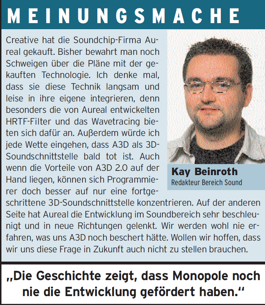 [23/10/2025] Kommentar von Kay Beinroth zur Soundkarten-Konkurrenz zwischen Creative und Aureal: ein früher Blick auf das Thema Marktmonopole.