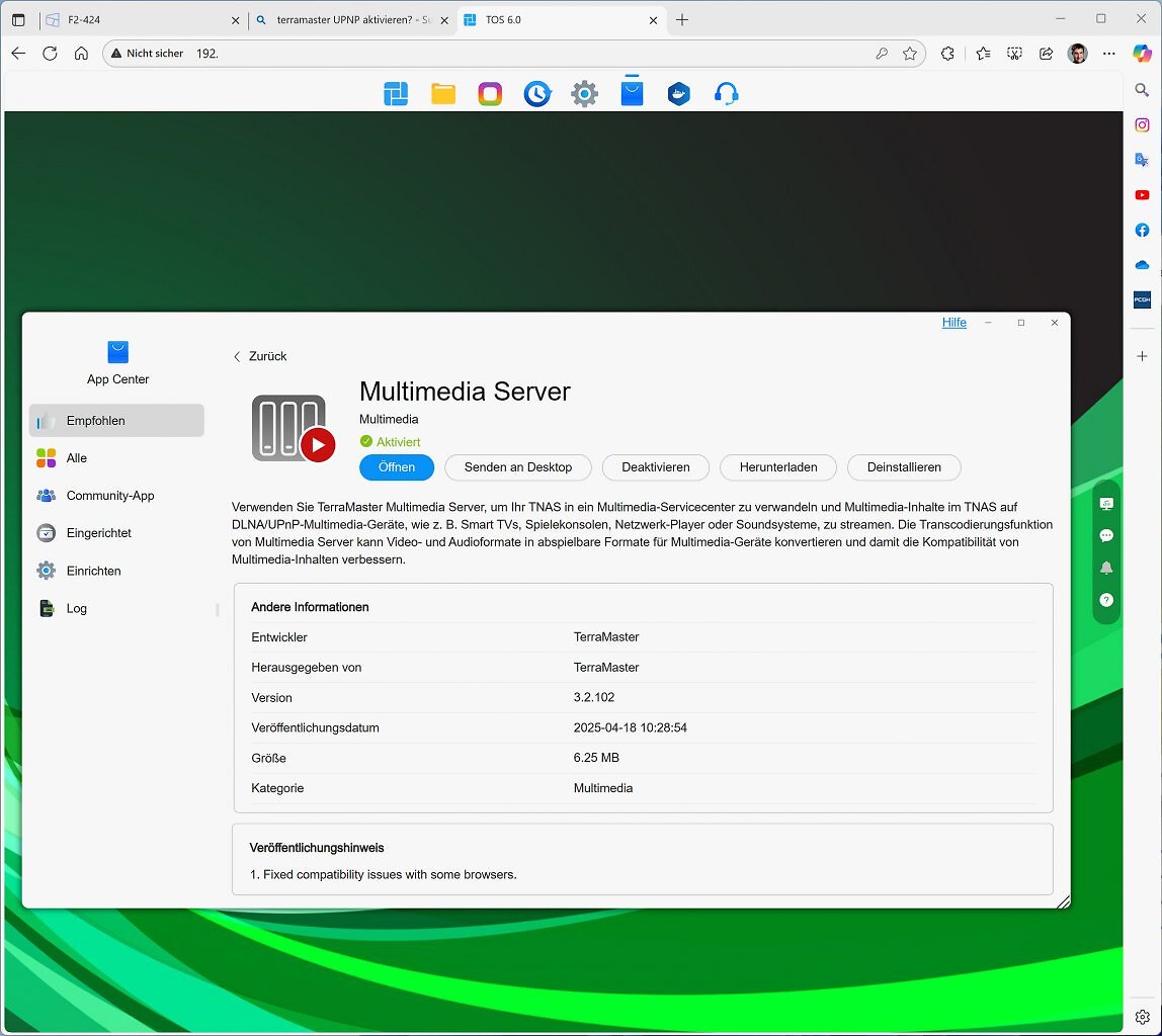 [07/10/2025] Zum 4K-Videostreaming via NAS empfiehlt sich ein NAS-Server mit SSD-Cache, etwa von Terramaster, den es im Angebot gibt.