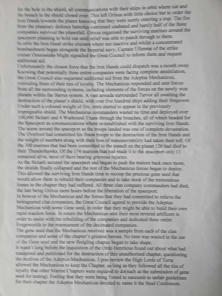 [09/10/2025] Die wiederentdeckte Textseite des „Index Astartes: Steel Confessors“ beschreibt den Ursprung des Ordens und seine Verbindung zum Adeptus Mechanicus.