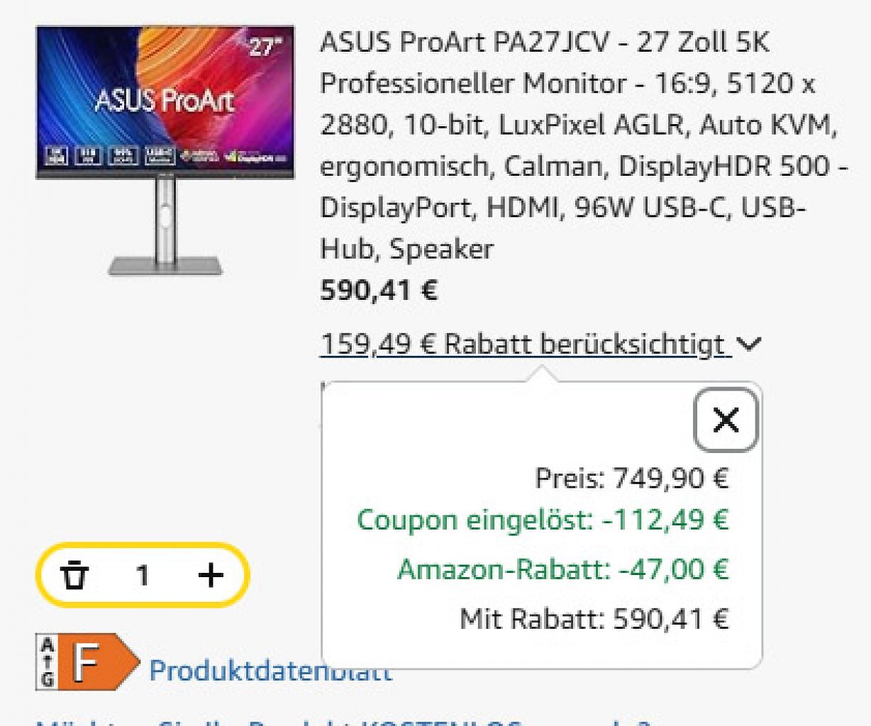 [11/11/2025] Dank Gutschein der günstigste 5K-Monitor auf dem Markt: Asus Pro Art PA27JCV für 590,41 Euro