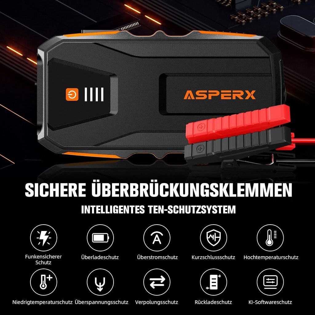 Laut Hersteller bietet die Starthilfe-Powerbank ein 10-faches Schutzsystem.