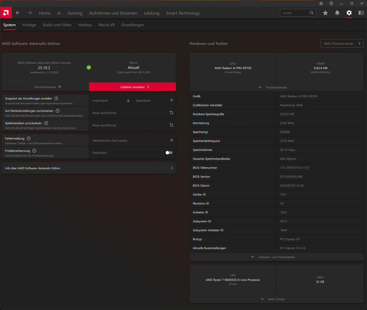 AMD Radeon AI Pro R9700: AMD Software Hardware Info