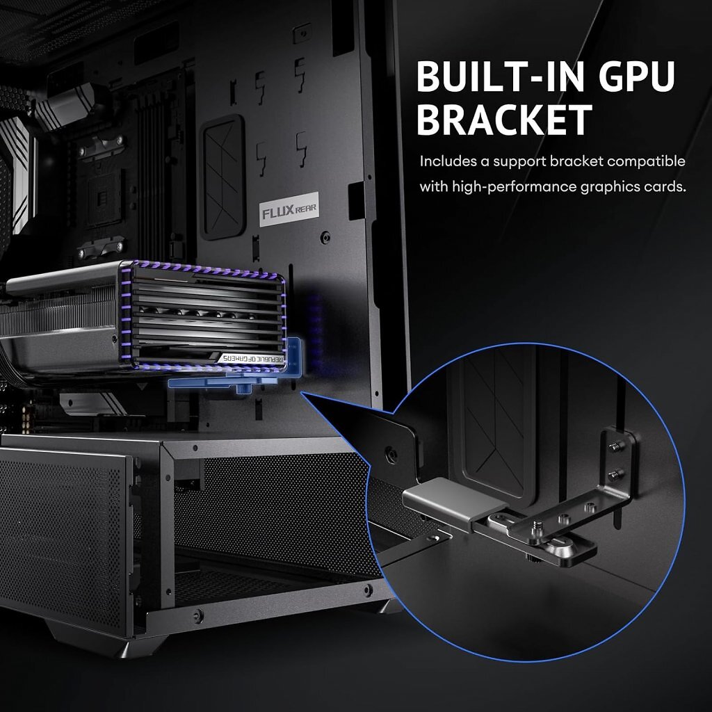 [21/11/2025] Ein integrierter GPU-Halter soll laut Antec ein Absinken schwerer Grafikkarten verhindern.