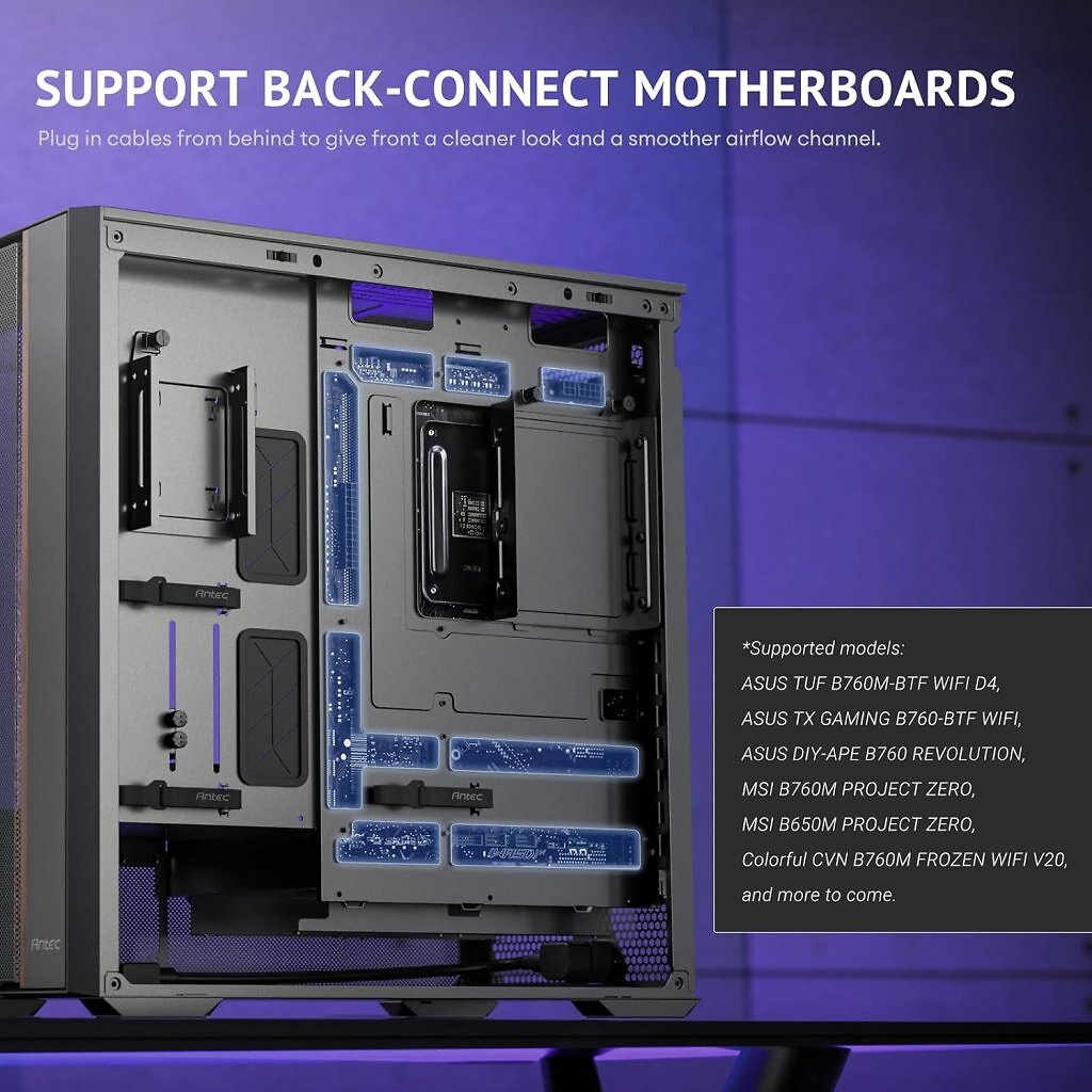 [21/11/2025] Das Flux Rear unterstützt laut Antec mehrere Back-Connect-Mainboards.