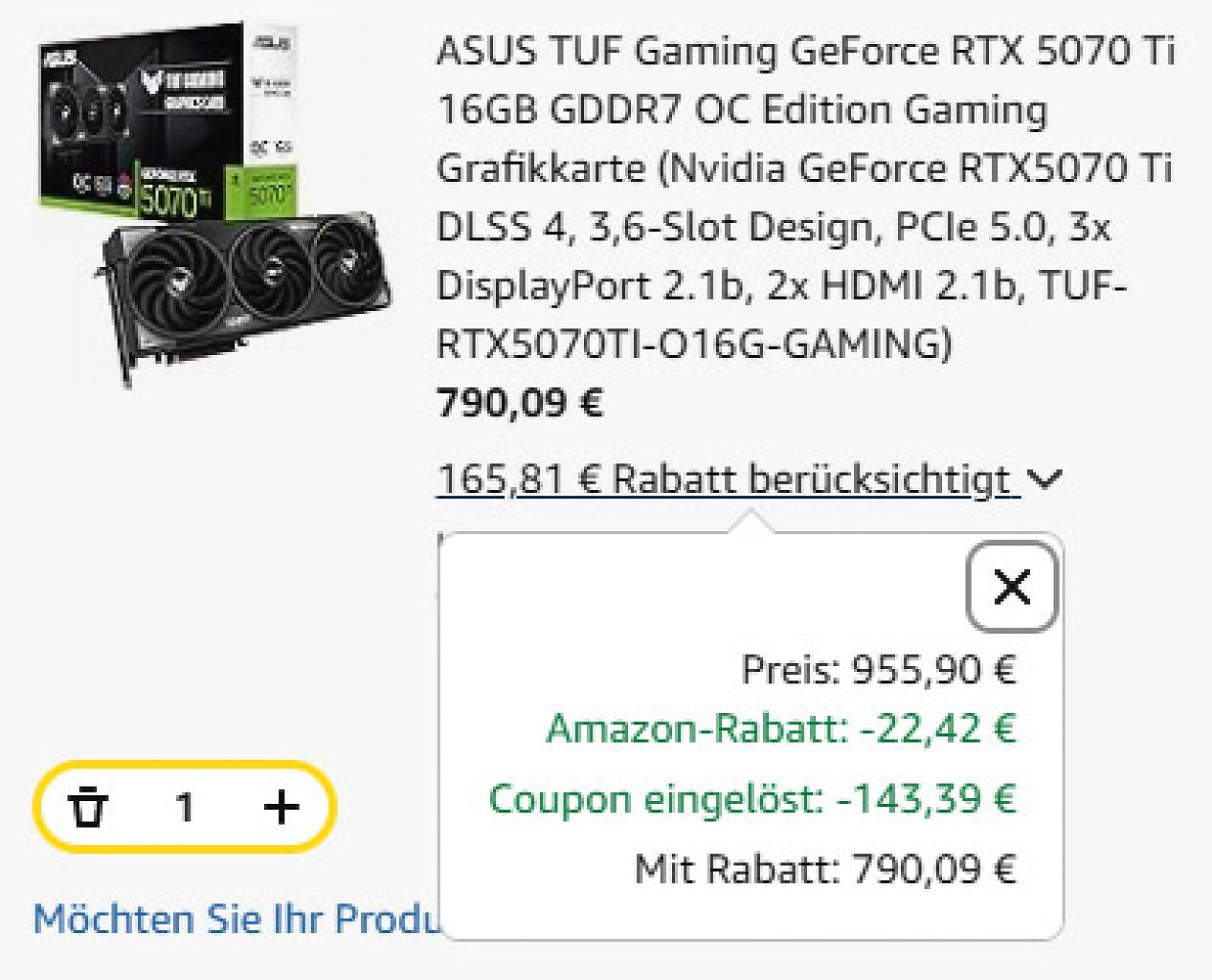 [06/11/2025] Der Coupon drückt den Preis der Grafikkarte auf ca. 790 Euro.
