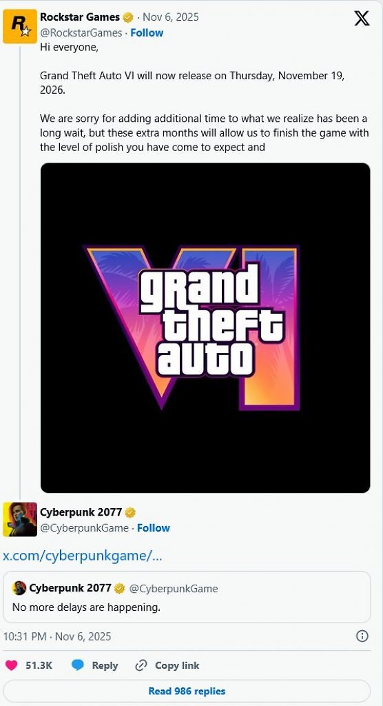 [09/11/2025] GTA 6: CDPR mahnt mit ikonischem 