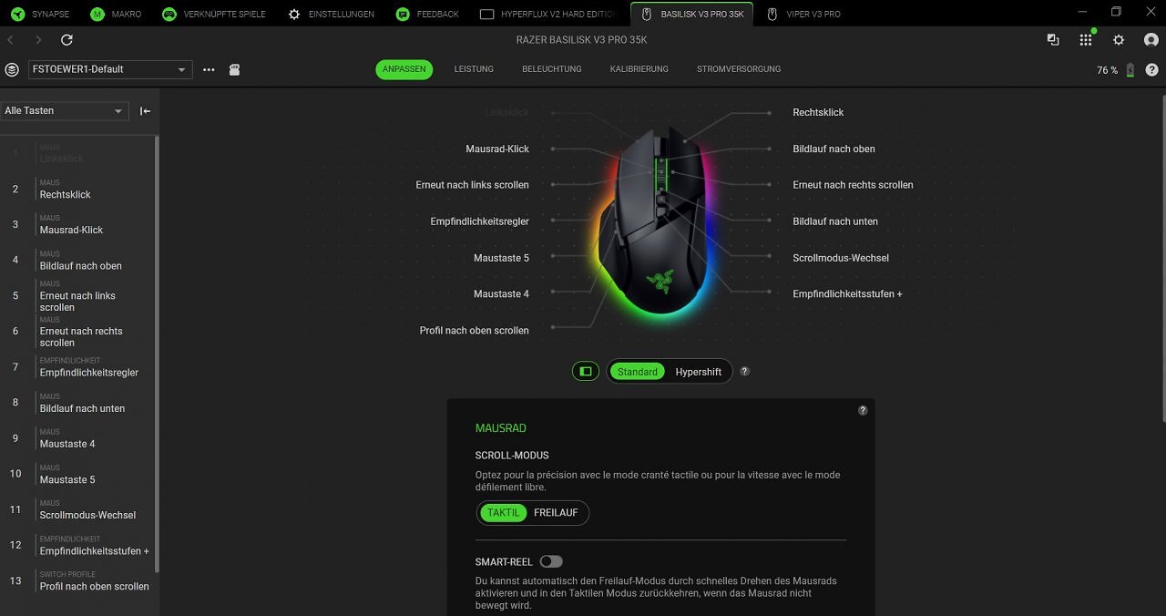 [20/11/2025] Razers Synapse-4-Software ermöglicht es Ihnen, jede Taste einzeln mit Funktionen zu belegen. Dank der Hypershift-Funktion ist sogar die Doppelbelegung möglich.