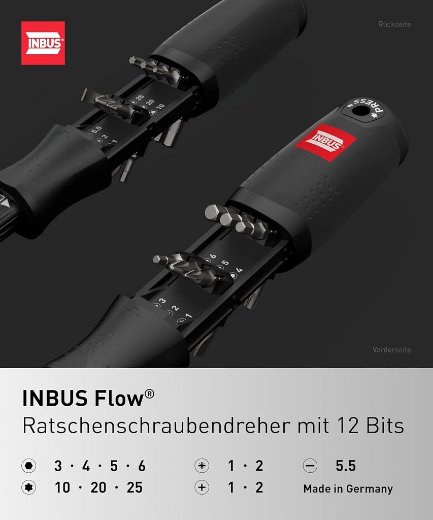 Der Ratschenschraubendreher Inbus Flow bietet 12 Bits und zehn Jahre Garantie.