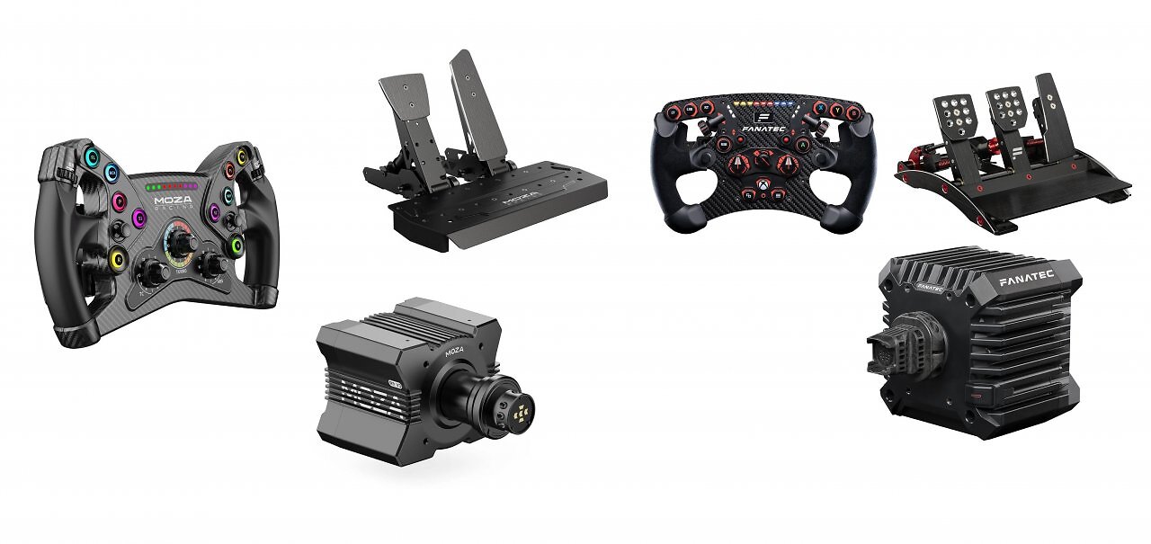 [07/11/2025] Die direkten Konkurrenten von Logitechs Mittelklasse-Kombi: Moza R9 V3, KS-GT-Lenkrad, SR-P-Loadcell-Pedale für 810 Euro (links) und Fanatec Clubsport DD QR2 8 Nm, Clubsport Steering Wheel Formula V2.5 X, Clubsport V3 Pedals für 1.100 Euro (rechts).