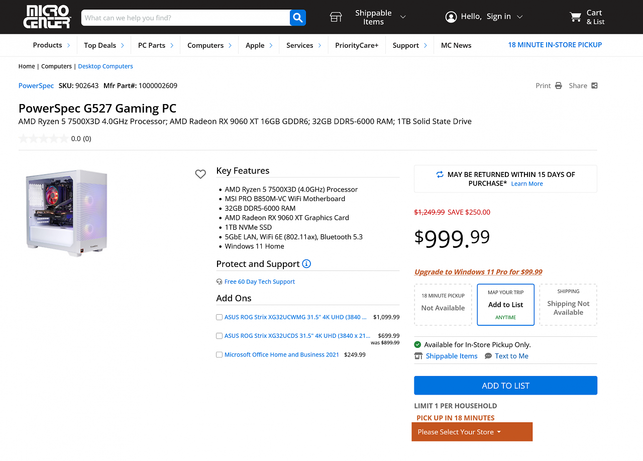 [09/11/2025] Micro Center mit Ryzen 5 7500X3D