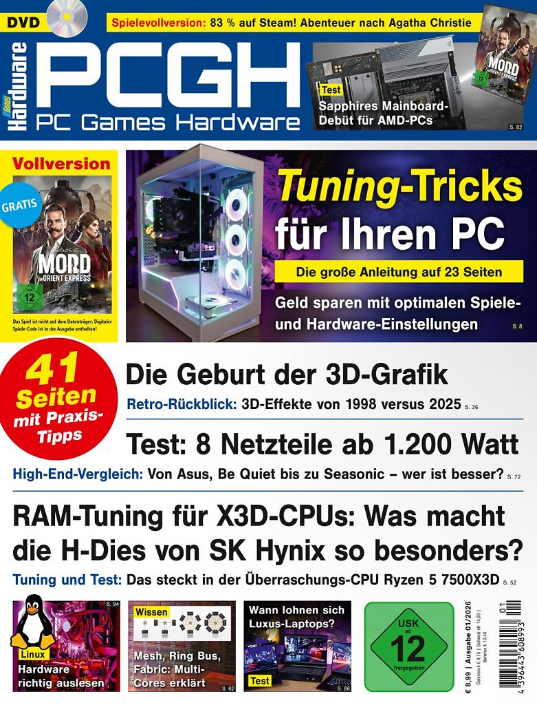 [26/11/2025] DVD-Cover der PCGH-Ausgabe 01/2026. Mit dabei ist Agatha Christie: Mord im Orient-Express als Steam-Vollversion.