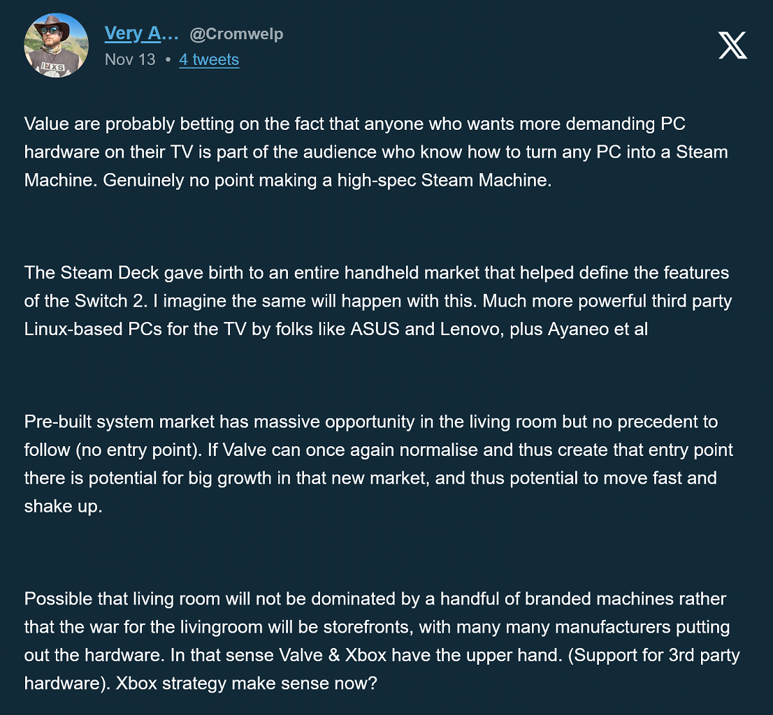 [15/11/2025] Laut Michael Douse hat High-End-Hardware in Valves Steam Machine nichts zu suchen.