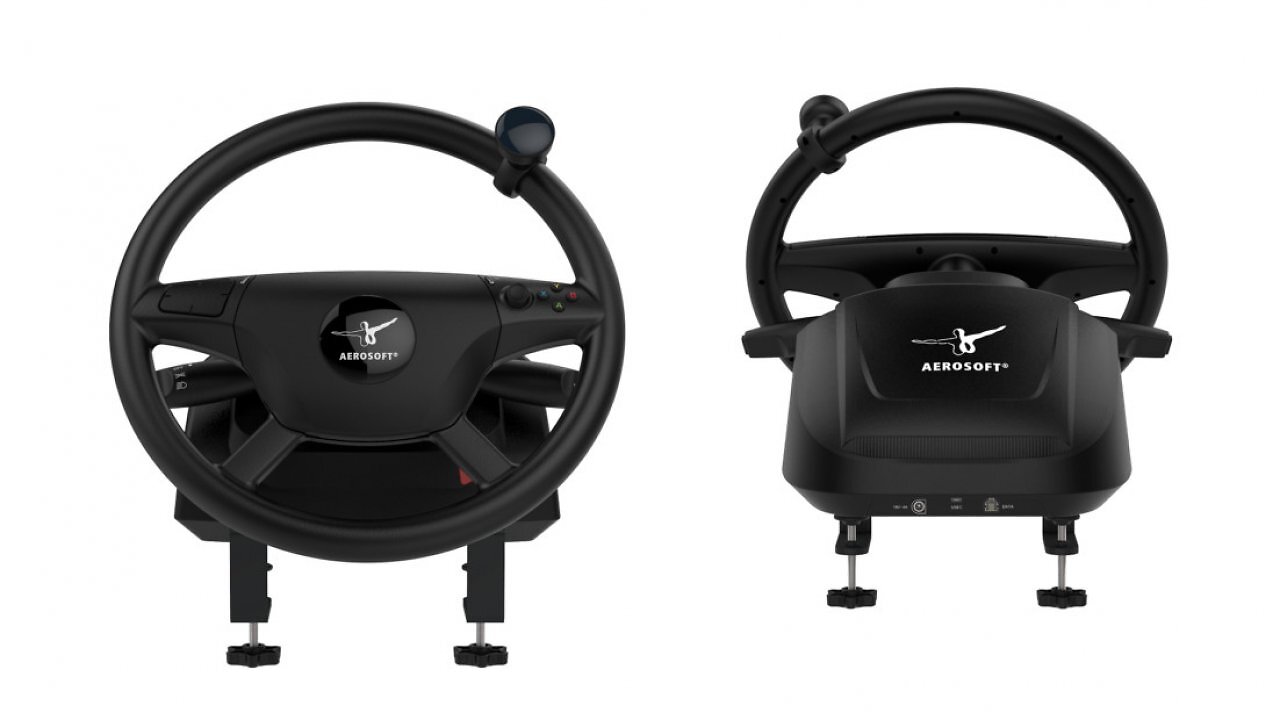 [11/12/2025] Die Klemmhalterung der Lenkradeinheit des Aerosoft Truck & Bus Wheel Systems ist zwar funktional, sorgt aber bei niedrigen Tischen für Probleme.