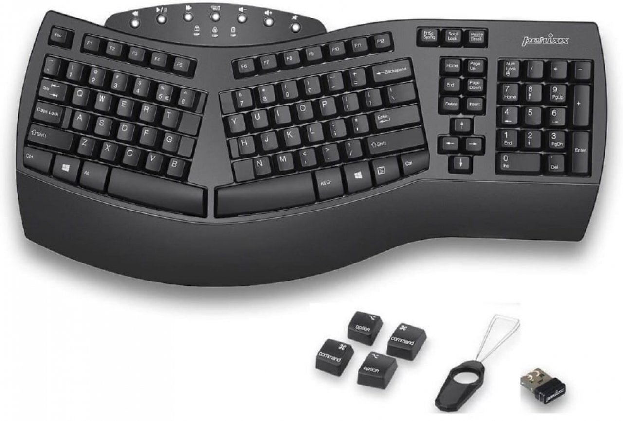 [17/12/2025] Das drahtlose (2,4 GHz und Bluetooth) Perixboard-612 ist mit einem Umschalter ausgestattet. Der ermöglicht den Wechsel des Tastenlayouts von Windows auf Mac OS X. Die passenden Tastenkappen mit dem aufgedruckten Mac-OS-X-Funktionssymbol (Command/Option) gehören zum Lieferumfang.