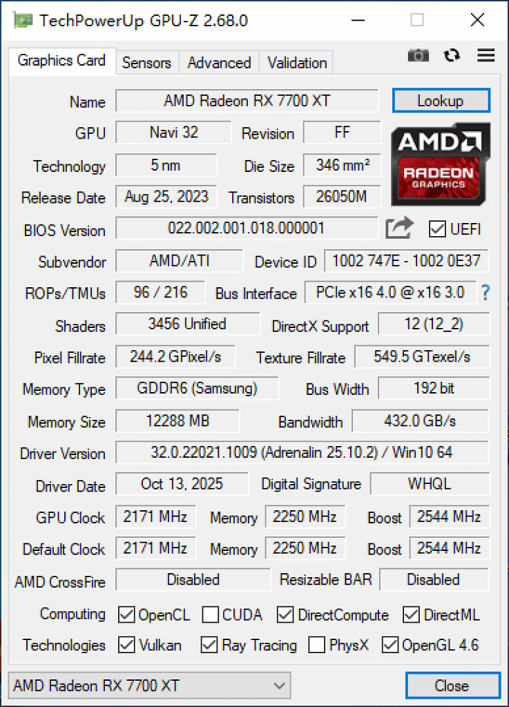 [29/12/2025] Der GPU-Z-Screenshot zeigt die normale Konfiguration der Radeon RX 7700 XT.