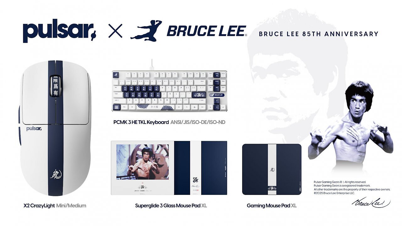 [02/12/2025] Pulsar Gaming Gears bringt anlässlich des 85. Geburtstags der Martial-Arts-Ikone Bruce Lee eine Jubiläums-Edition der PCMK-Tastatur auf den Markt.