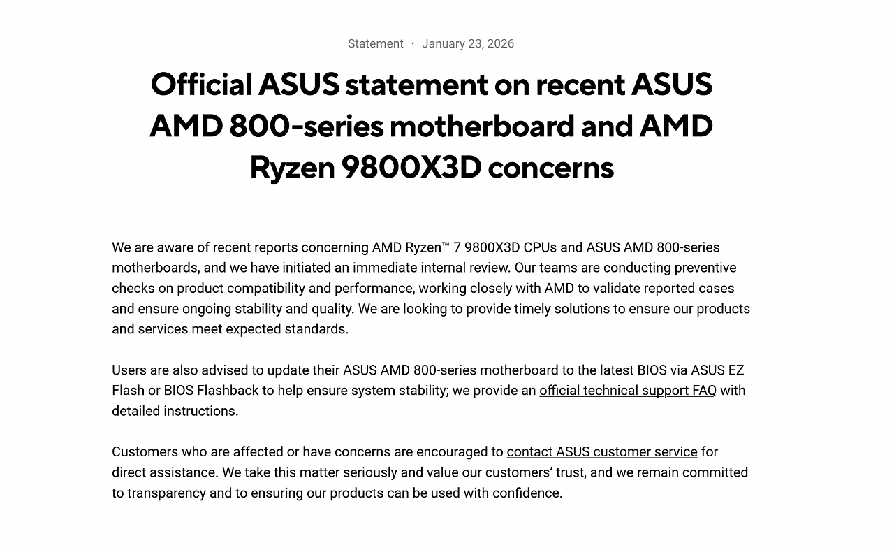 [23/01/2026] Stellungnahme zu defekten Ryzen 7 9800X3D