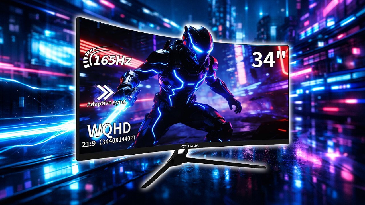 [14/01/2026] CRUA 34Inch Ultrawide Gaming Monitor,(3440 * 1440P) 165Hz Curved Monitor,99% sRGB,Computer Monitor Supports AMD Freesync,Wall Mountable Installs(HDMI,DP) WQHD Monitor for Gaming,Photo Editing Amazon Angebot
